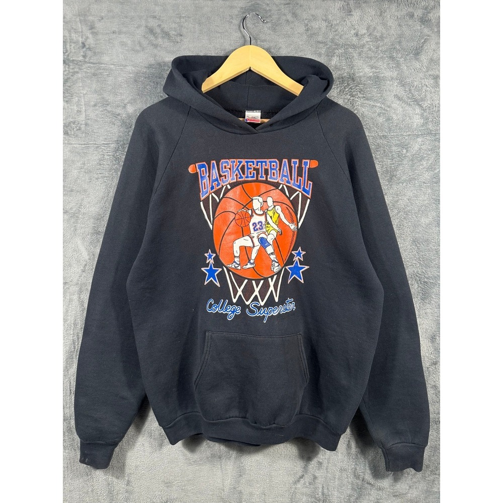 Vintage Fruit of the Loom Basketball College Superstar Hoodie Black XL USA Made